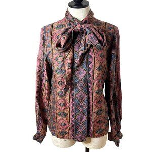 Vintage Womens Bow Blouse Size 6 Pure Rayon Button Front Neck Tie Matte Finish